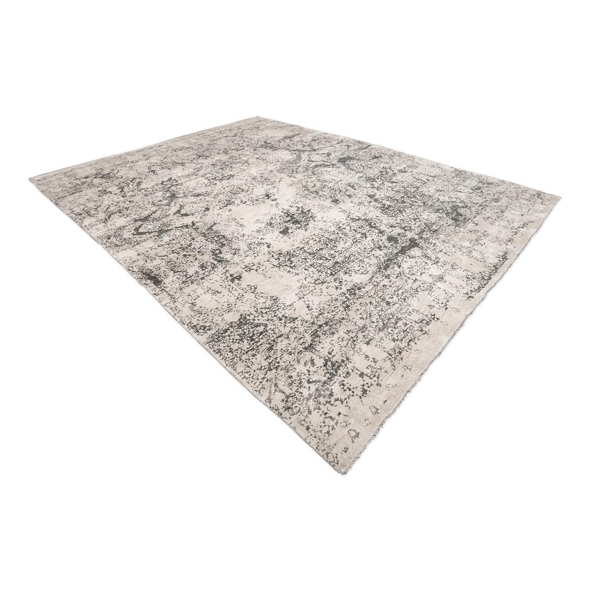 Hand-Knotted Abstract Handmade Silk and Wool Rug Grey and Beige Design For Sale