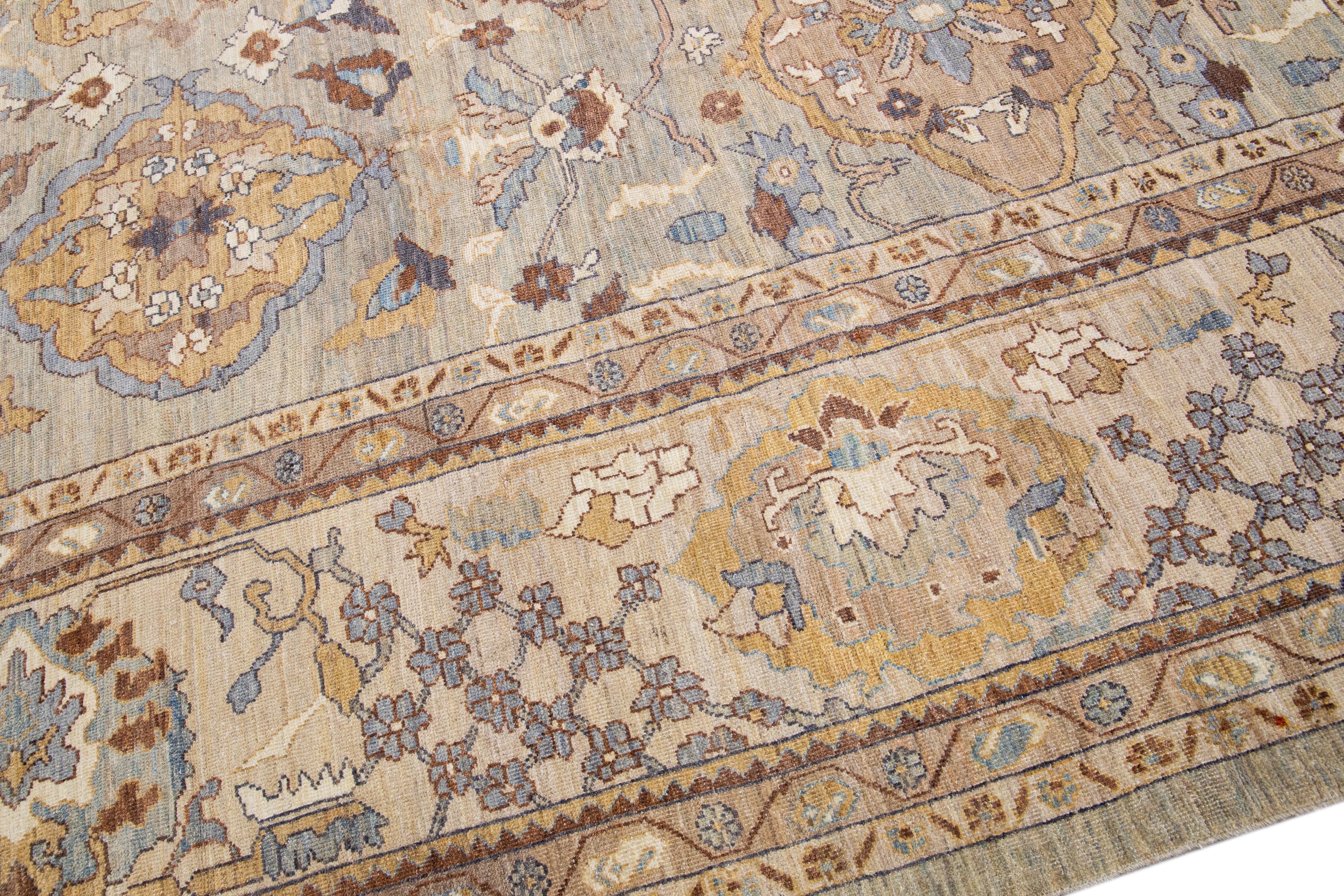 Moderner handgefertigter Sultanabad Oversize-Teppich aus geblümter Wolle in Grau und Beige im Angebot 4