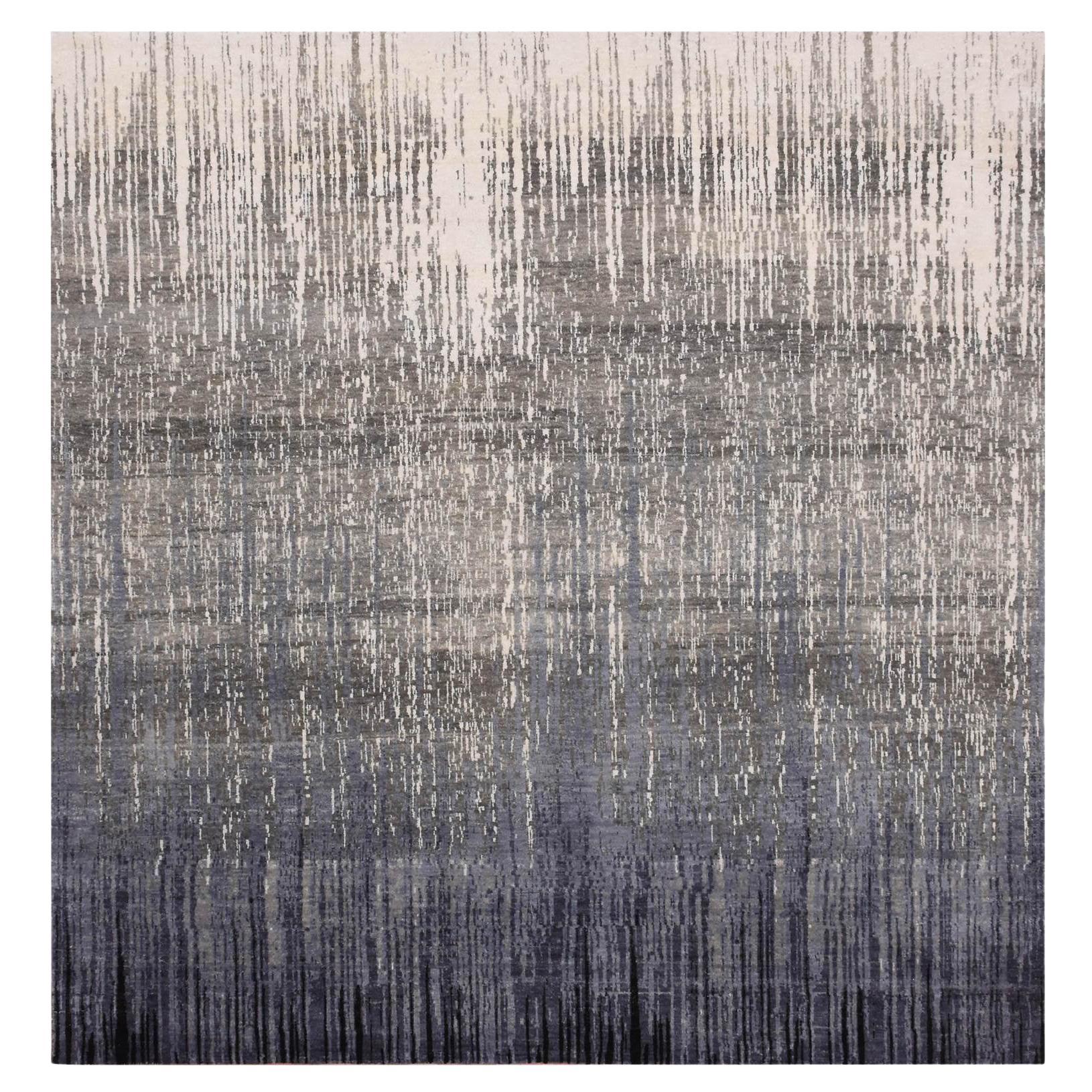 Gray and Black Hand Knotted Modern Ombre Design Pure Wool Square Oriental Rug