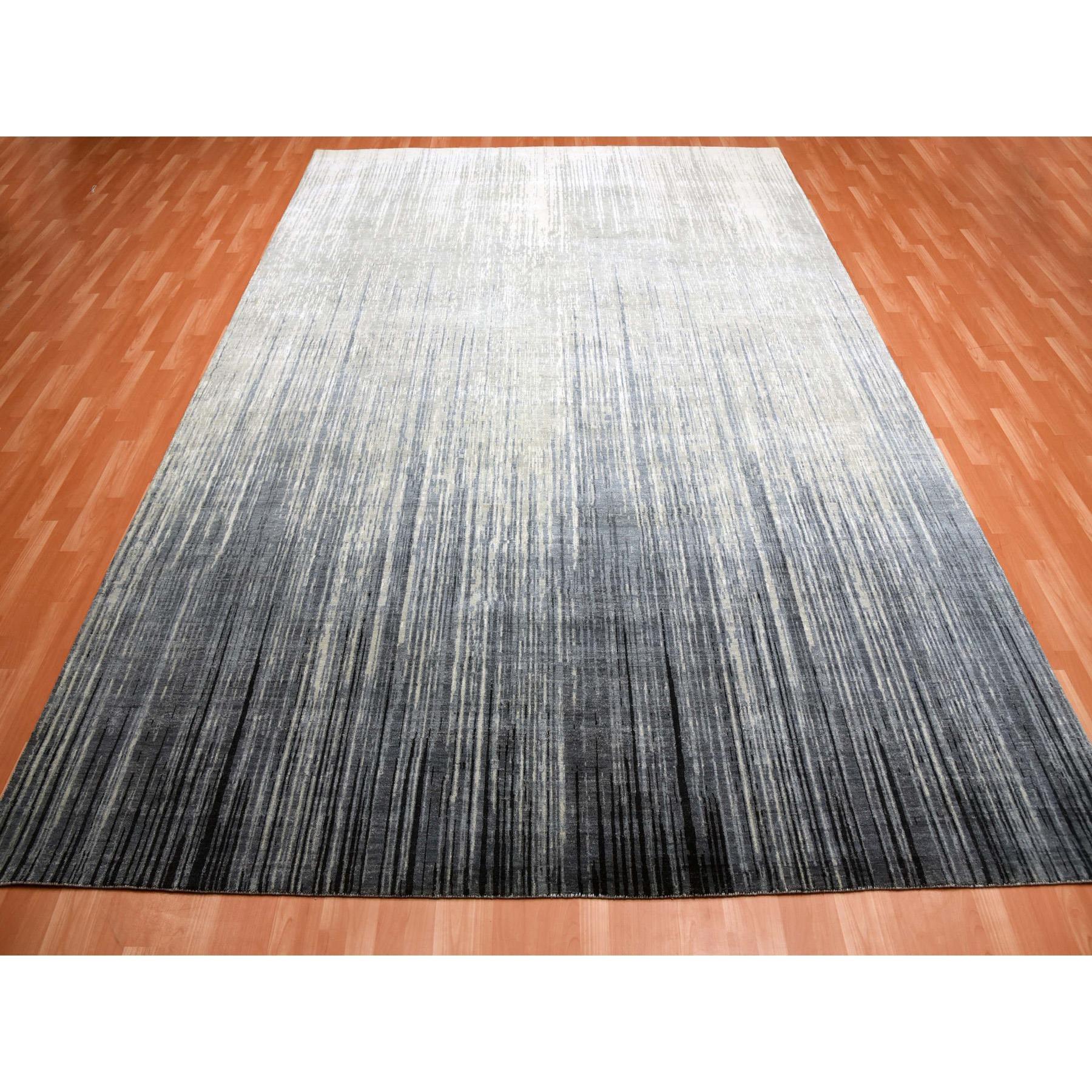 Handgeknüpfter moderner Teppich in Grau und Schwarz aus reiner Wolle im Ombre-Design 10'1