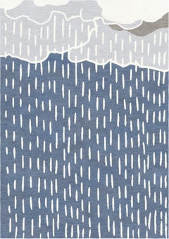 Handgeknüpfter Wollteppich in Grau und Blau – Regenmuster, minimalistischer Designerteppich