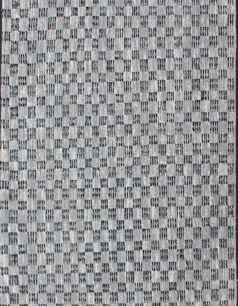 Hand-Knotted Gray and Blue Multicolored Casual Checkered Runner in Casual Modern Design For Sale