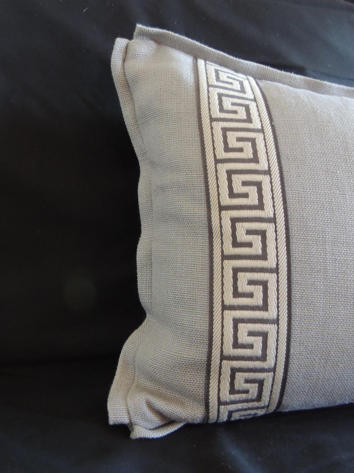 Gray and blue with Greek key trim decorative linen pillow. Double sided and small flat trim all around.
Size: 14