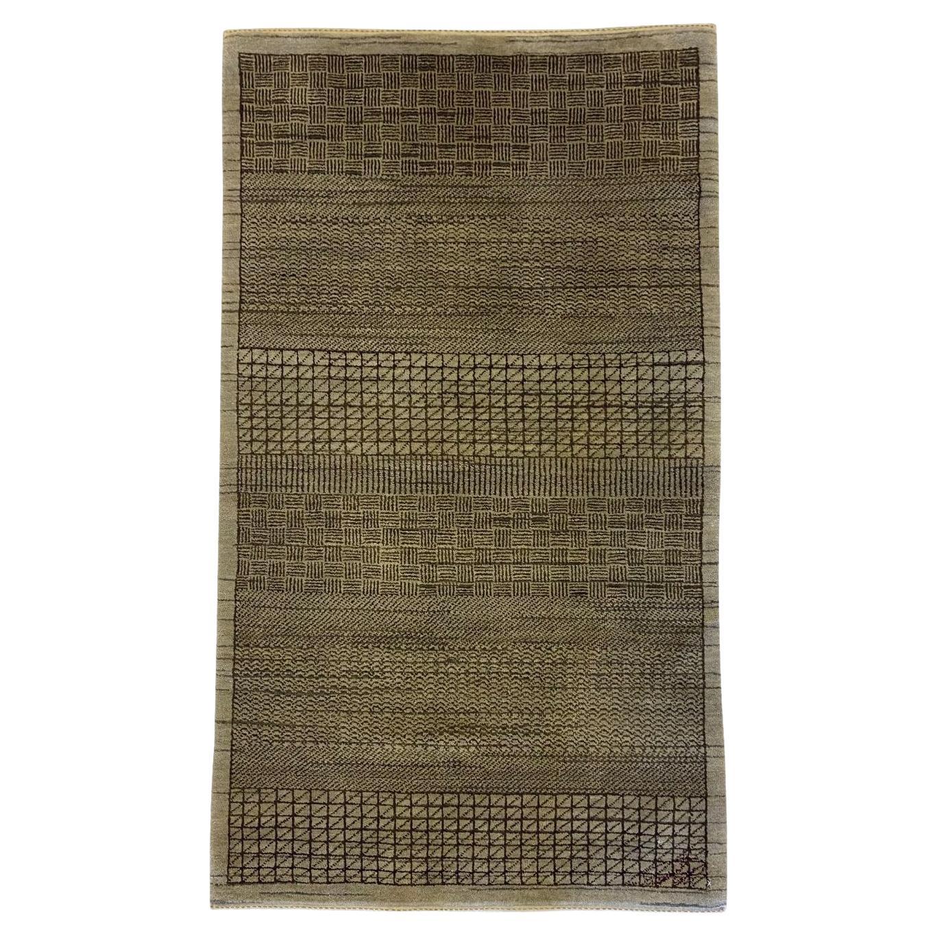 Gray and Brown Wool Minimalist Persian Rug with Geometric Patterns, 3' x 5'
