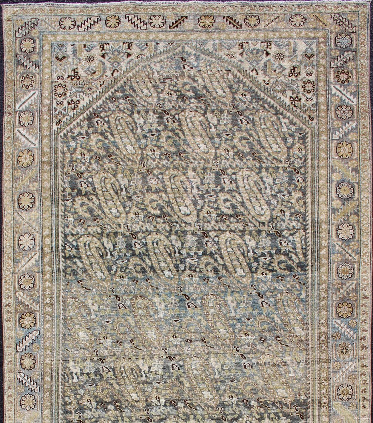 All-over motif paisley design Persian Malayer Gallery rug antique in tones of gray-blue, gray , light blue rug SUS-2002-659, country of origin / type: Iran / Malayer, circa 1910.

This beautiful antique early 20th century Persian Malayer carpet
