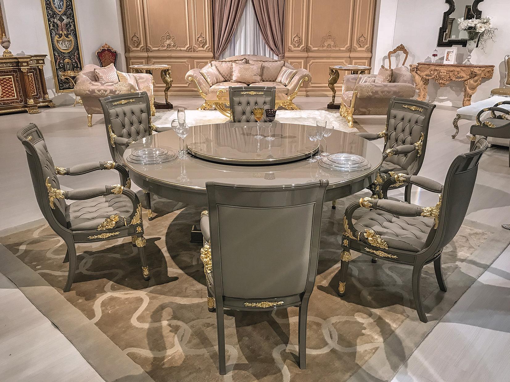 Contemporary Gray and Gold Dining Set, Table with Lazy Susan and Six Carved Armchair