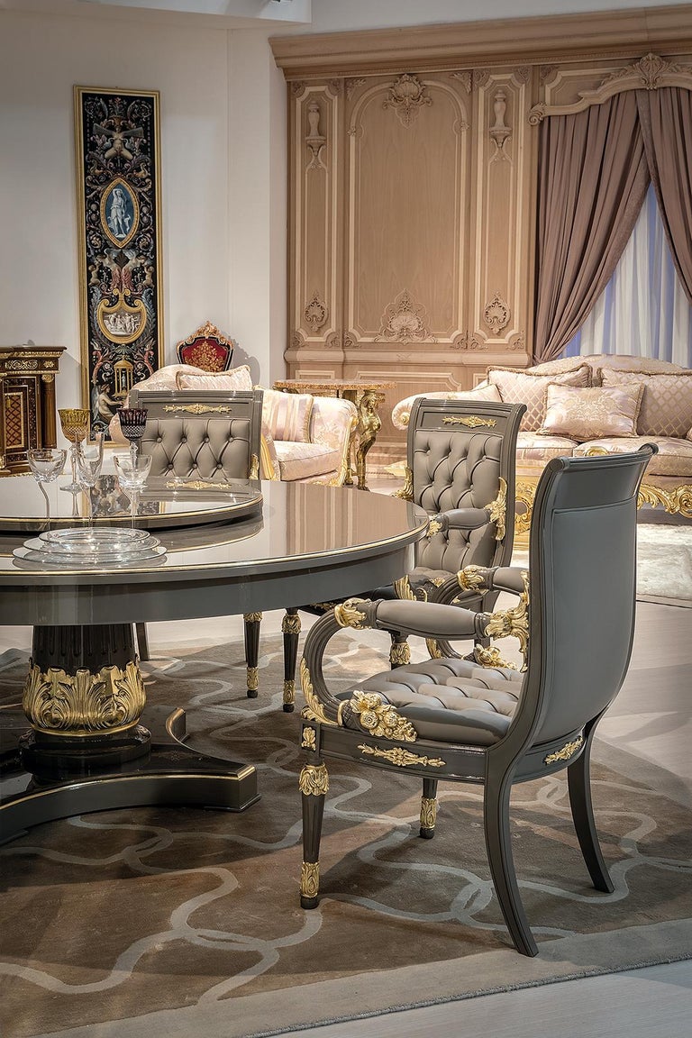Gray and Gold Dining Set, Table with Lazy Susan and Six Carved Armchair