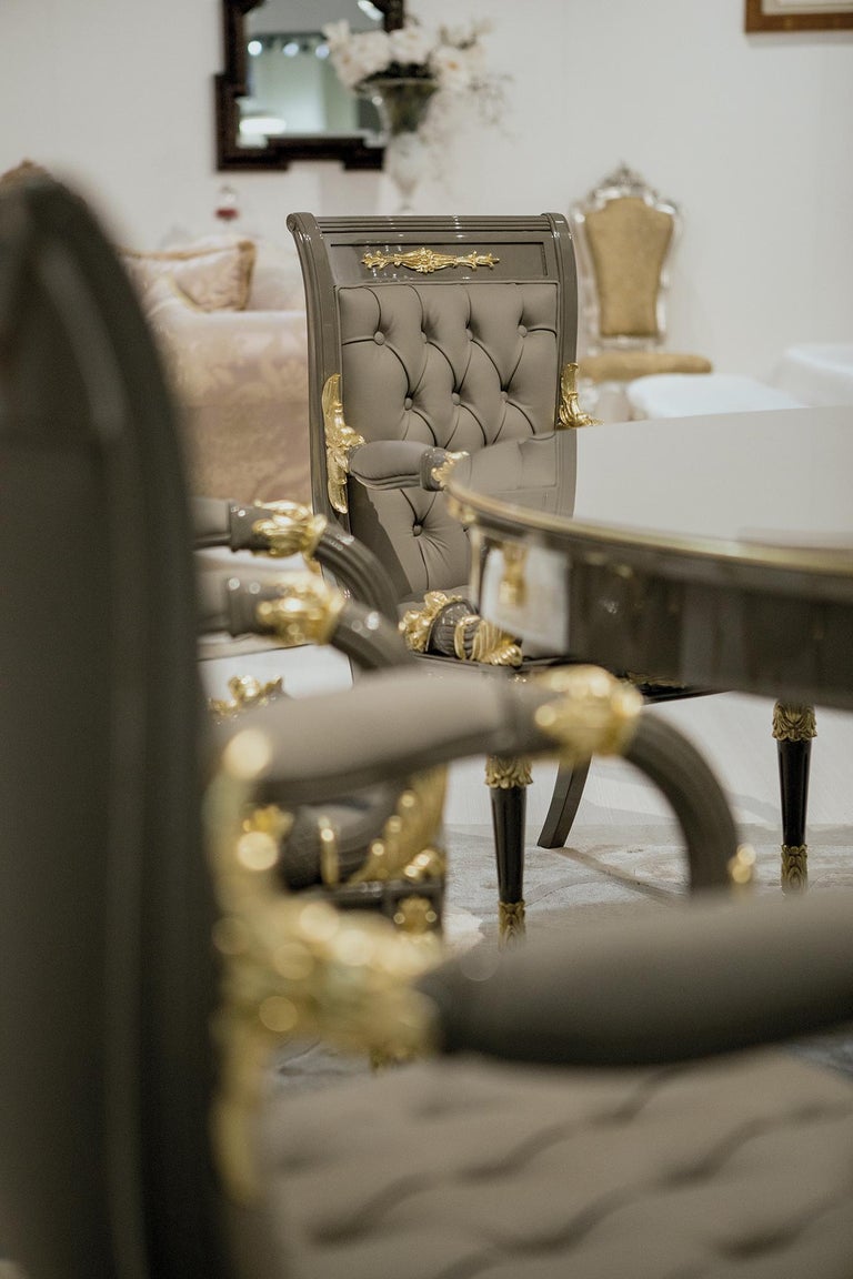 Gray and Gold Dining Set, Table with Lazy Susan and Six Carved Armchair
