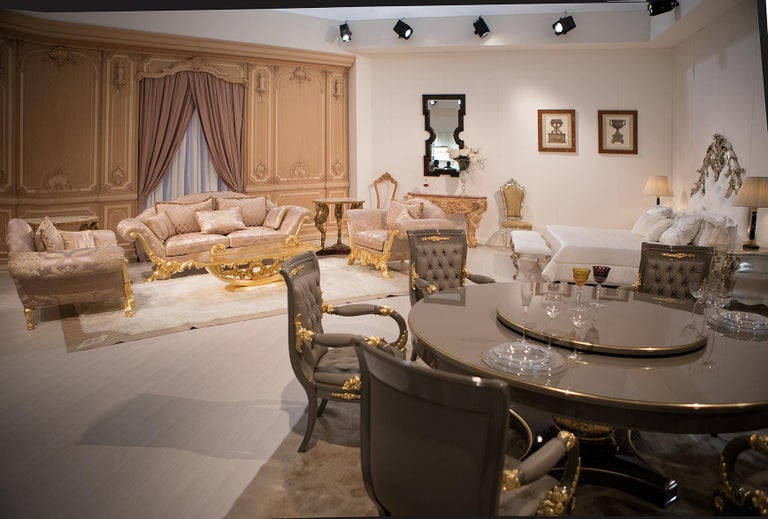 Gray and Gold Dining Set, Table with Lazy Susan and Six Carved Armchair