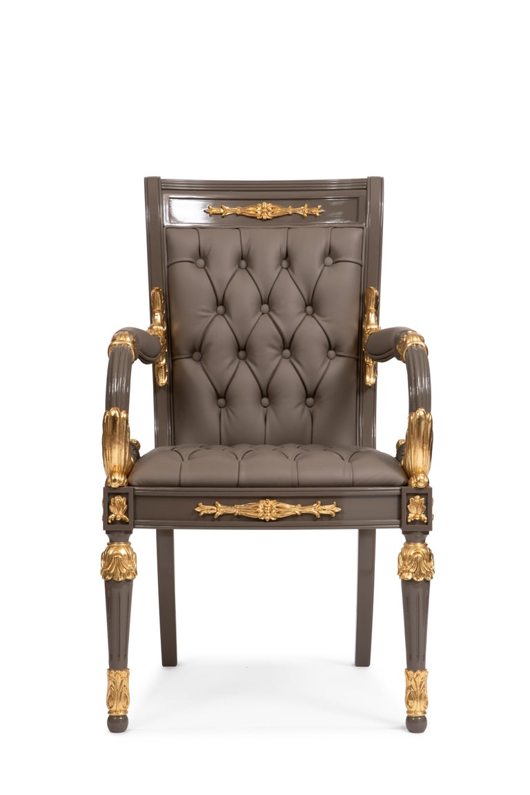 Gray and Gold Dining Set, Table with Lazy Susan and Six Carved Armchair