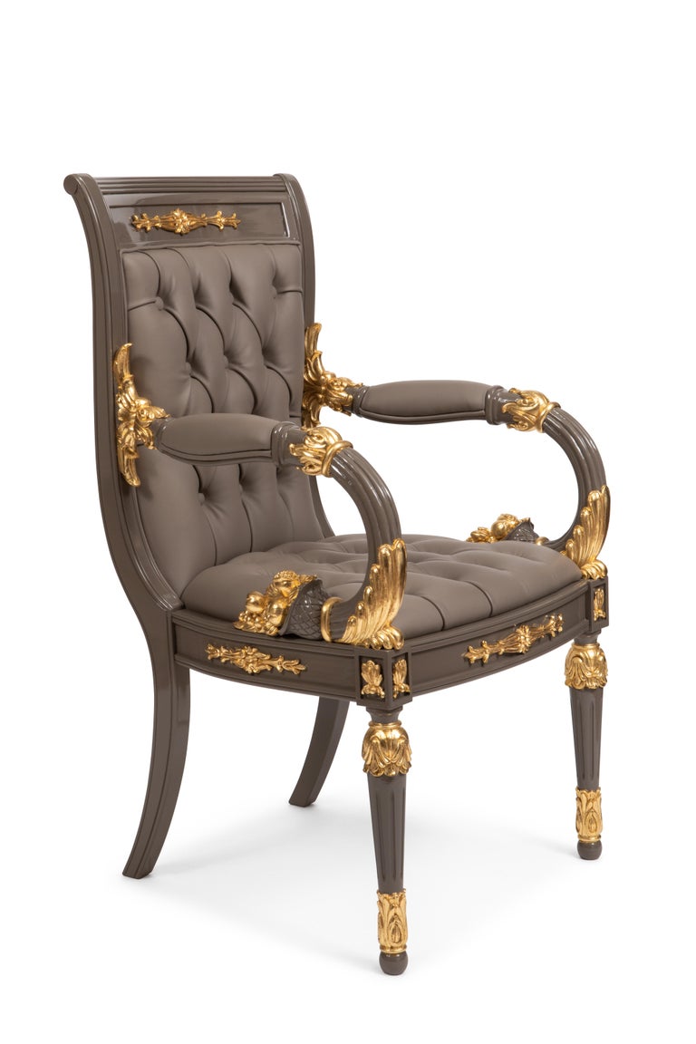 Gray and Gold Dining Set, Table with Lazy Susan and Six Carved Armchair