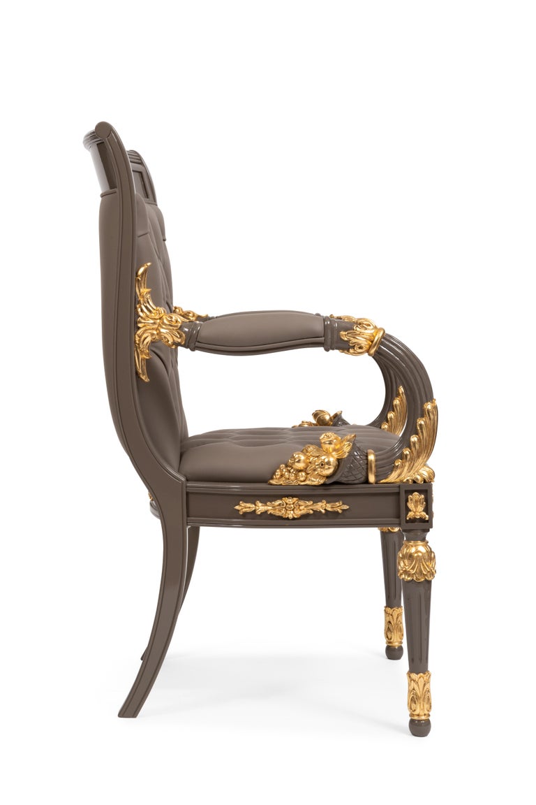 Gray and Gold Dining Set, Table with Lazy Susan and Six Carved Armchair