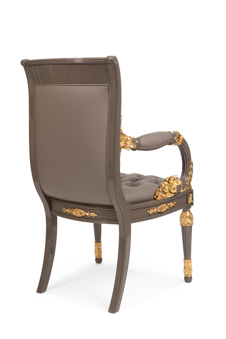 Gray and Gold Dining Set, Table with Lazy Susan and Six Carved Armchair