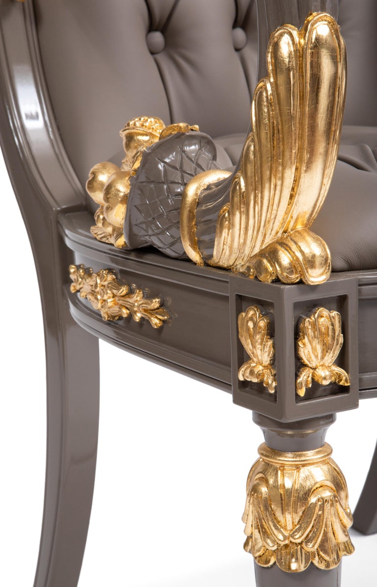 Gray and Gold Dining Set, Table with Lazy Susan and Six Carved Armchair