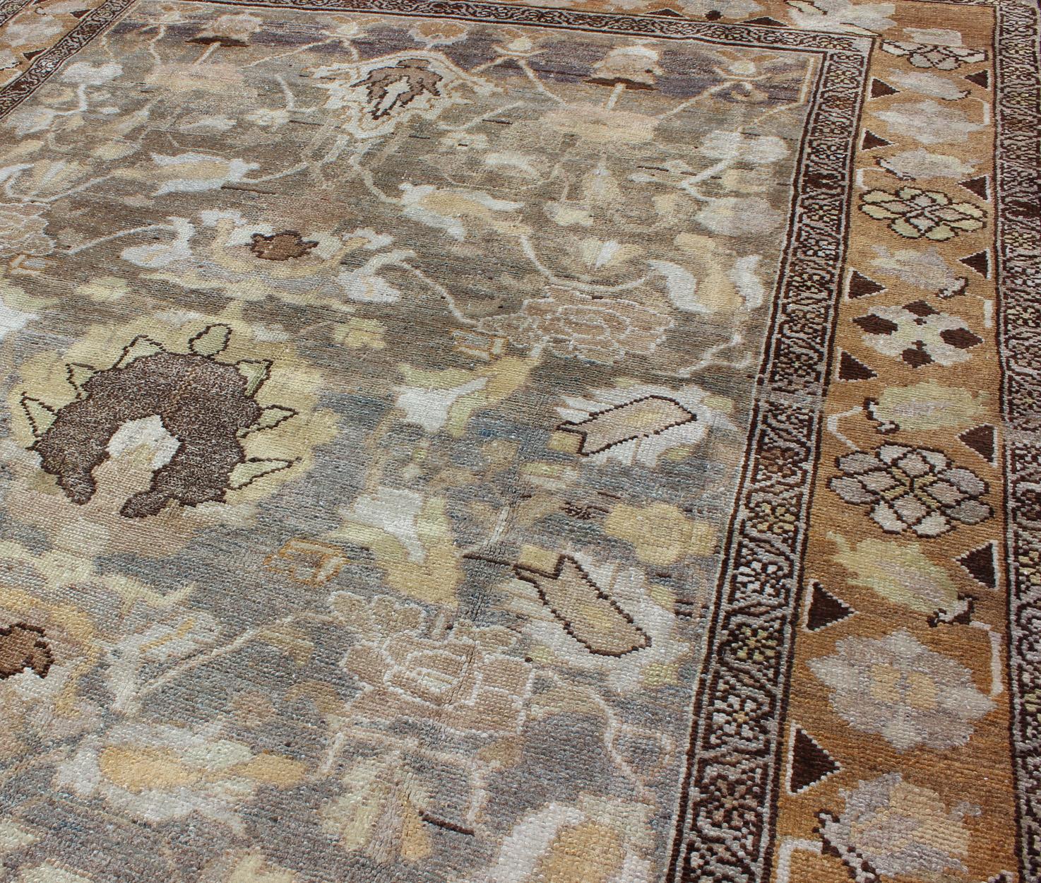 Gray and Marigold Antique Persian Bakhtiari Rug with Expansive Floral Design For Sale 3