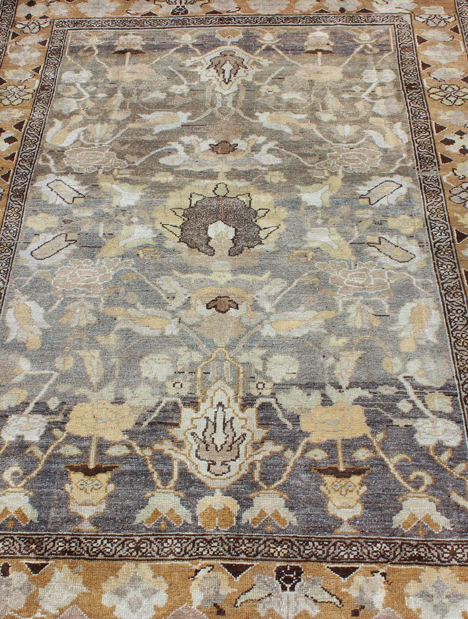 Gray and Marigold Antique Persian Bakhtiari Rug with Expansive Floral Design For Sale 4