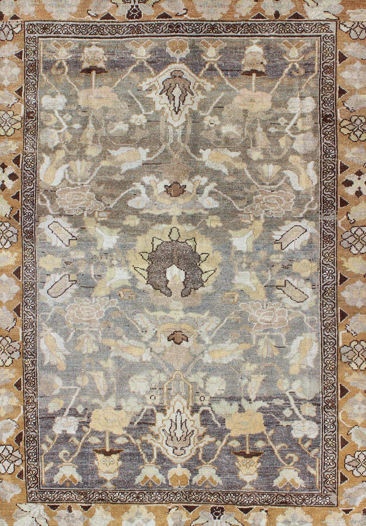 Tribal Gray and Marigold Antique Persian Bakhtiari Rug with Expansive Floral Design For Sale
