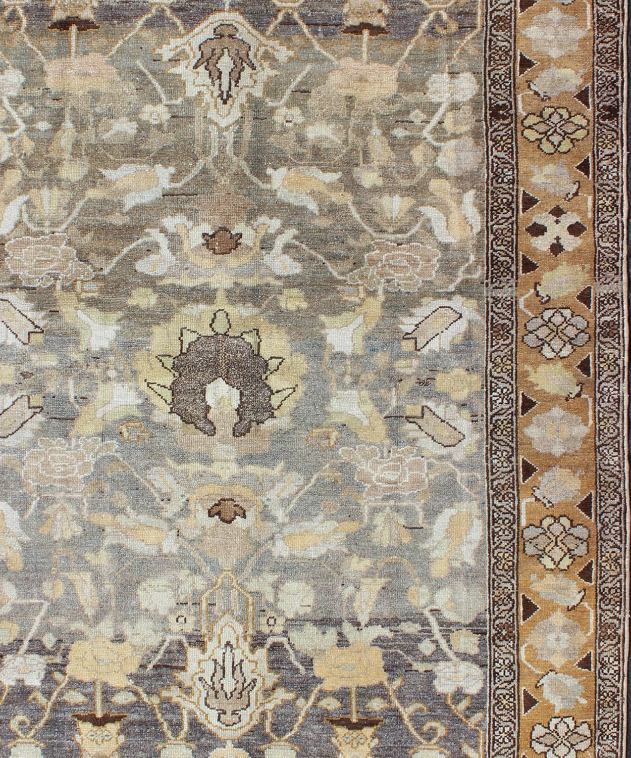 Hand-Knotted Gray and Marigold Antique Persian Bakhtiari Rug with Expansive Floral Design For Sale