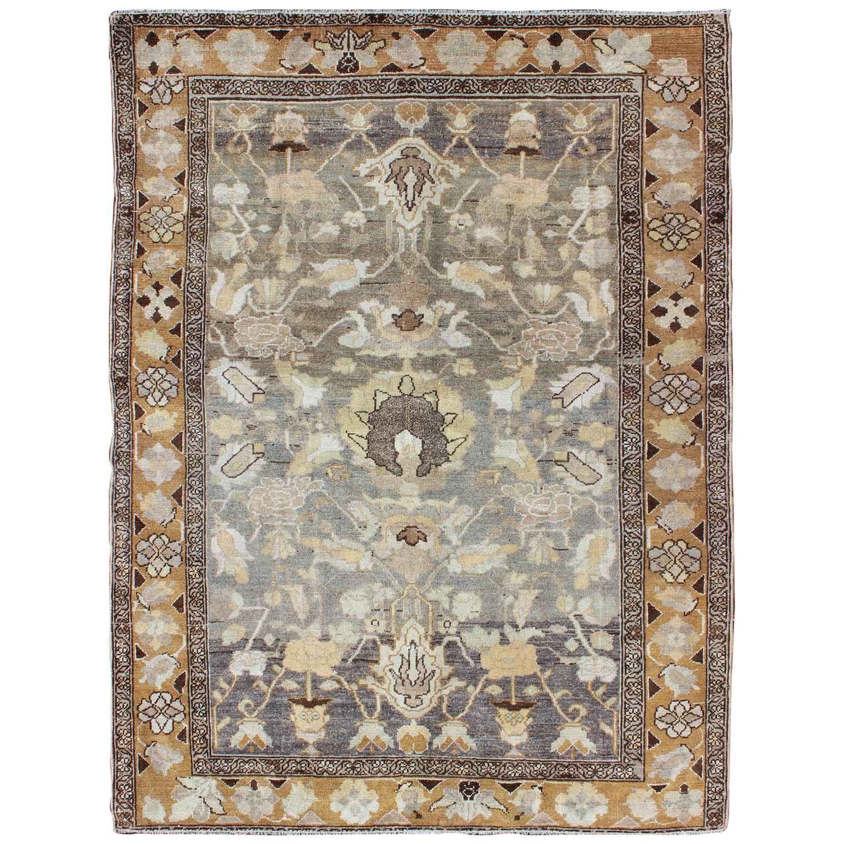 Gray and Marigold Antique Persian Bakhtiari Rug with Expansive Floral Design For Sale