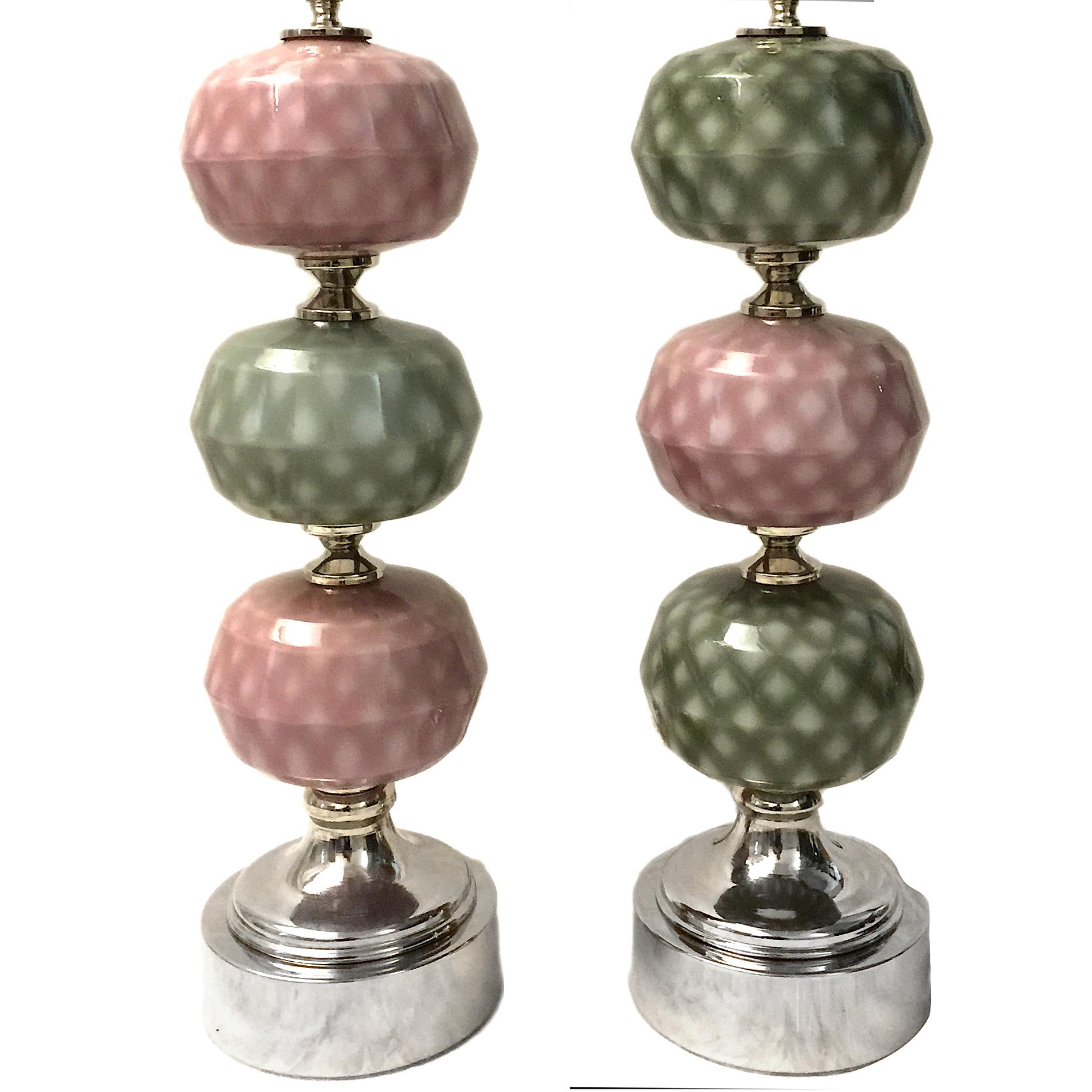 Pair of circa late 1940's Italian molded glass table lamps with gray and mauve glass globes.

Measurements:
Height of body: 20.5
