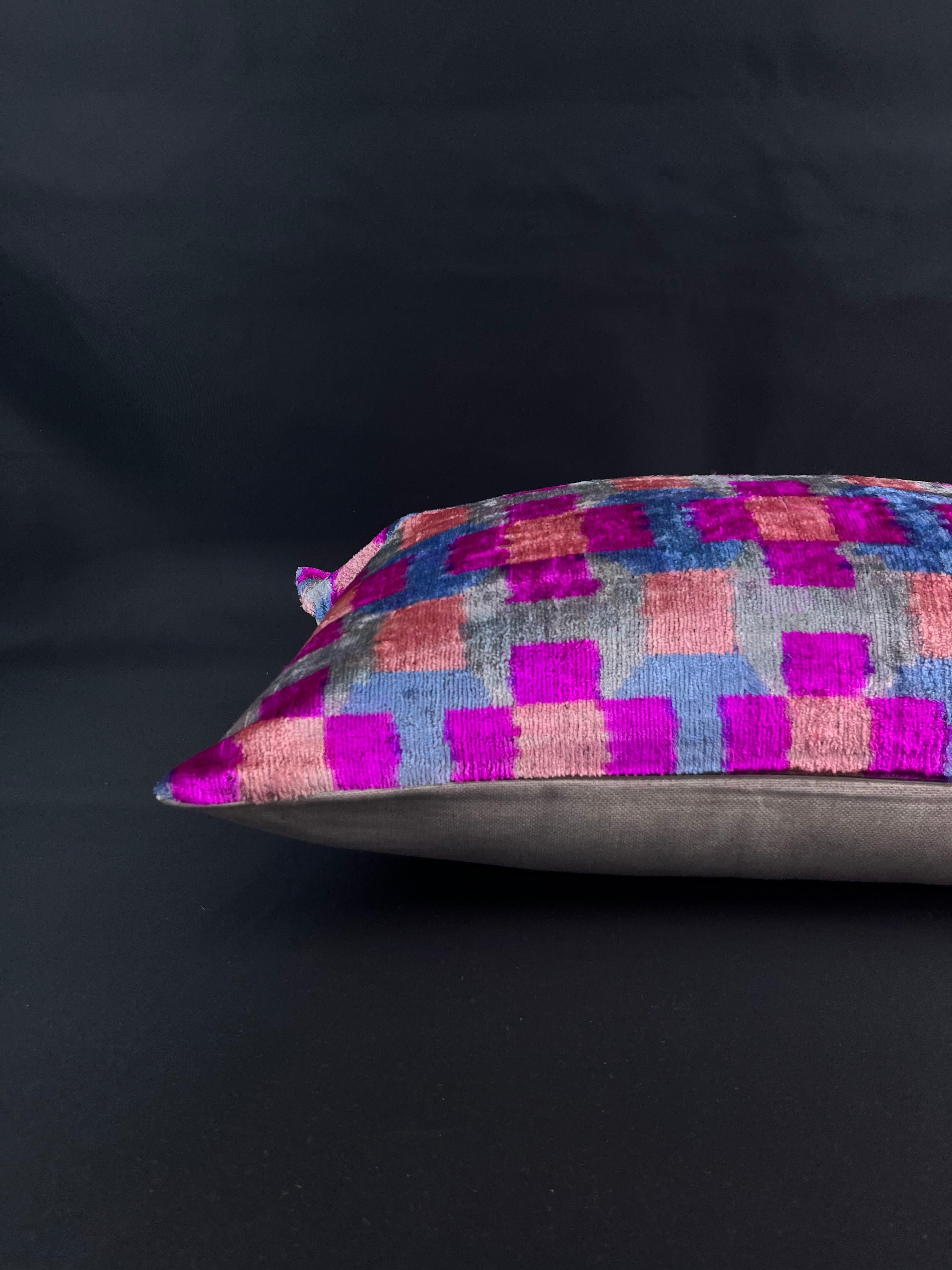 Turkish Gray and Purple Velvet Silk Ikat Pillow Cover