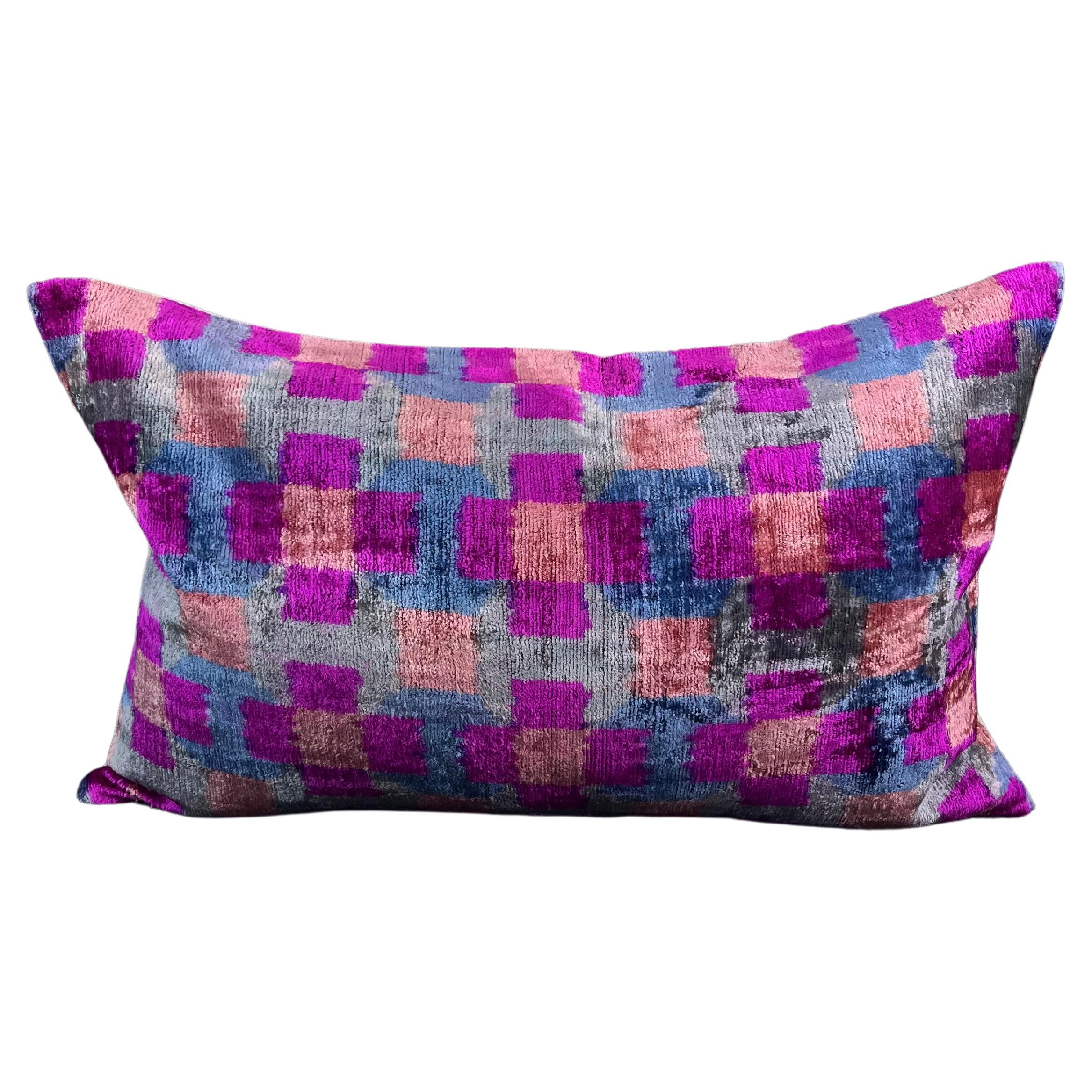 Gray and Purple Velvet Silk Ikat Pillow Cover