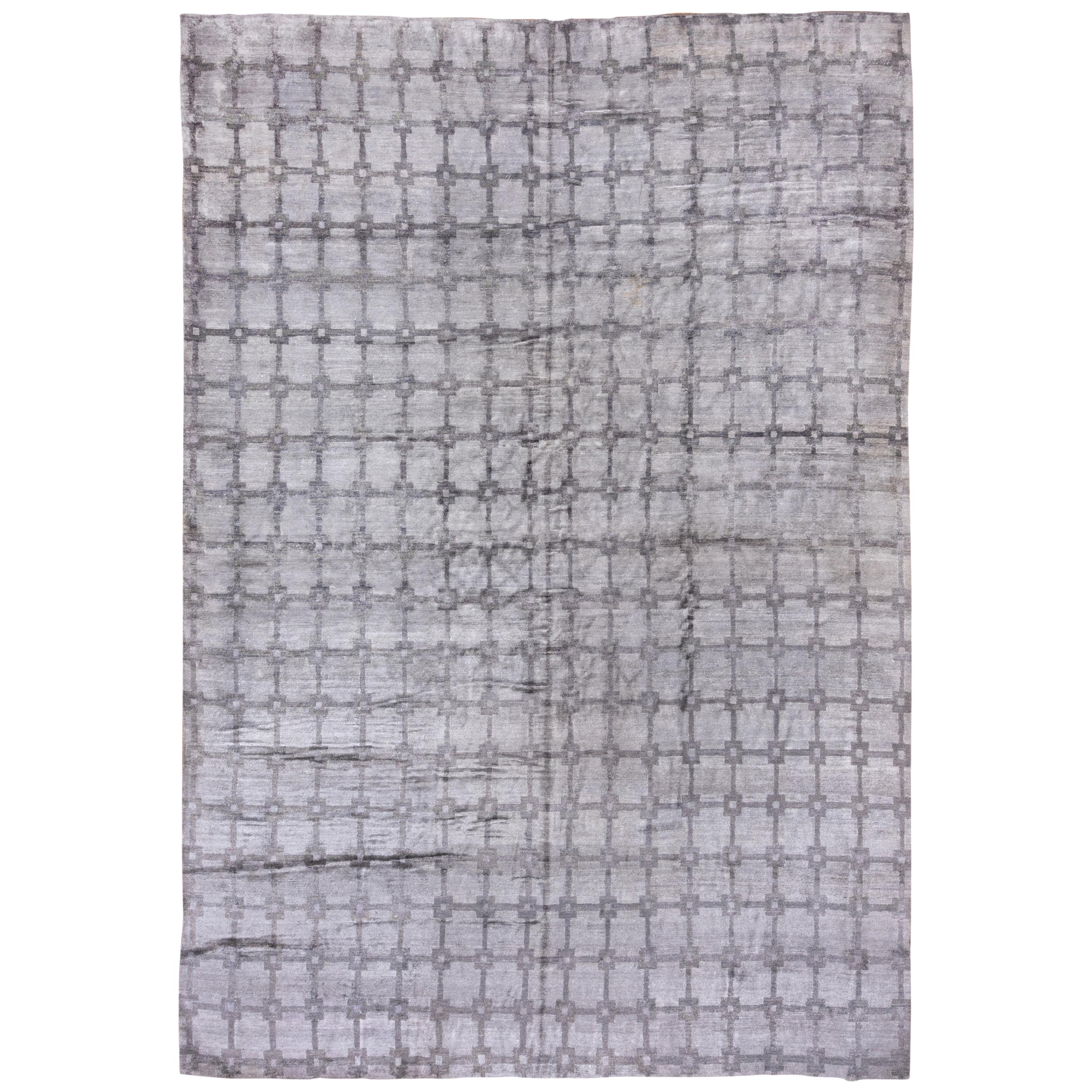Gray and Silver Modern Hand Knotted Viscose Carpet For Sale