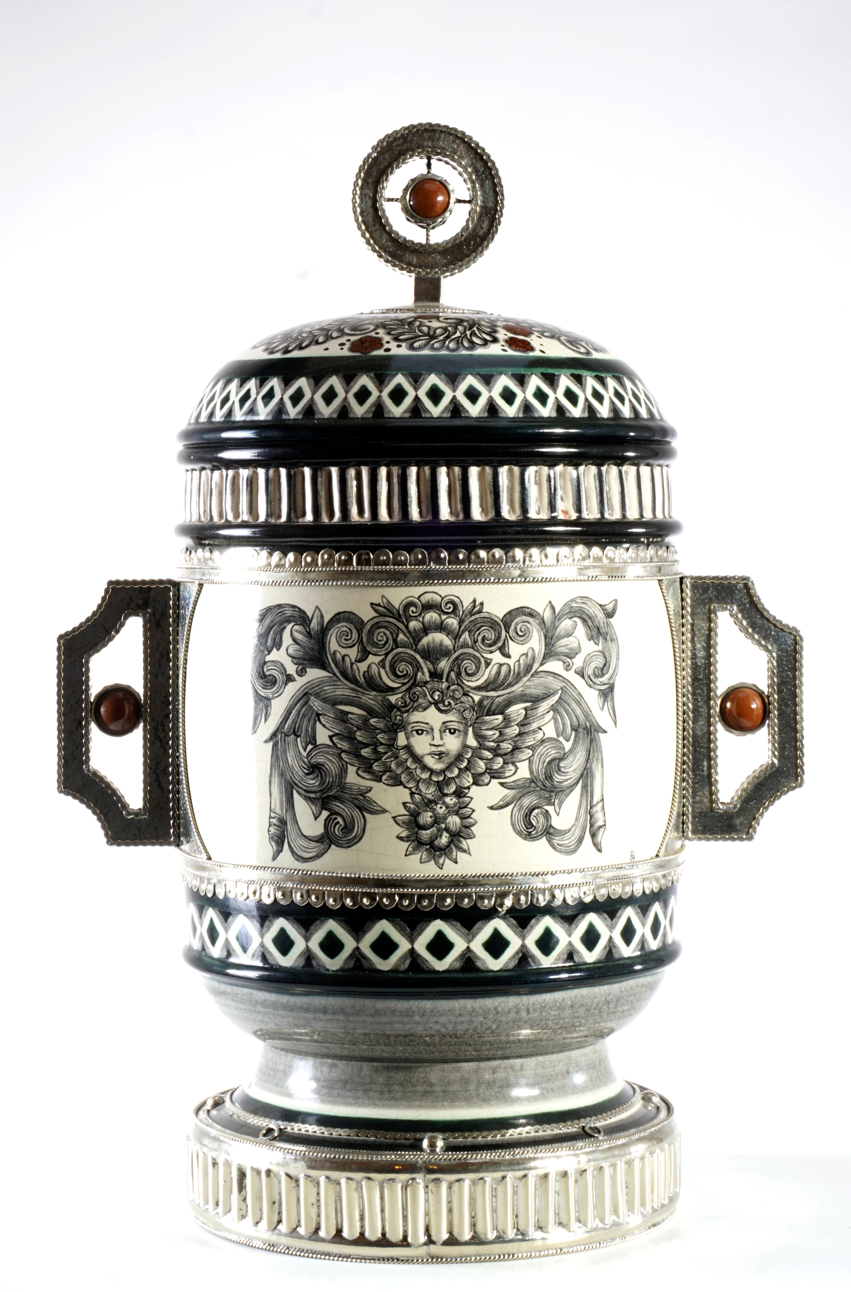 Contemporary Gray and White Jar, Ceramic and White Metal ‘Alpaca’, Handmade
