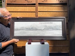 Gray and White Landscape Painting Sea & Mountains Fine Work of Art