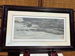 Gray and White Landscape Painting Sea & Mountains Fine Work of Art
