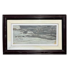 Vintage Gray and White Landscape Painting Sea & Mountains Fine Work of Art