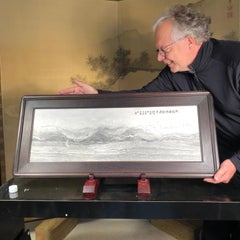 Gray and White "Seaside Mountains II" Landscape Unique Work of Art, Signed