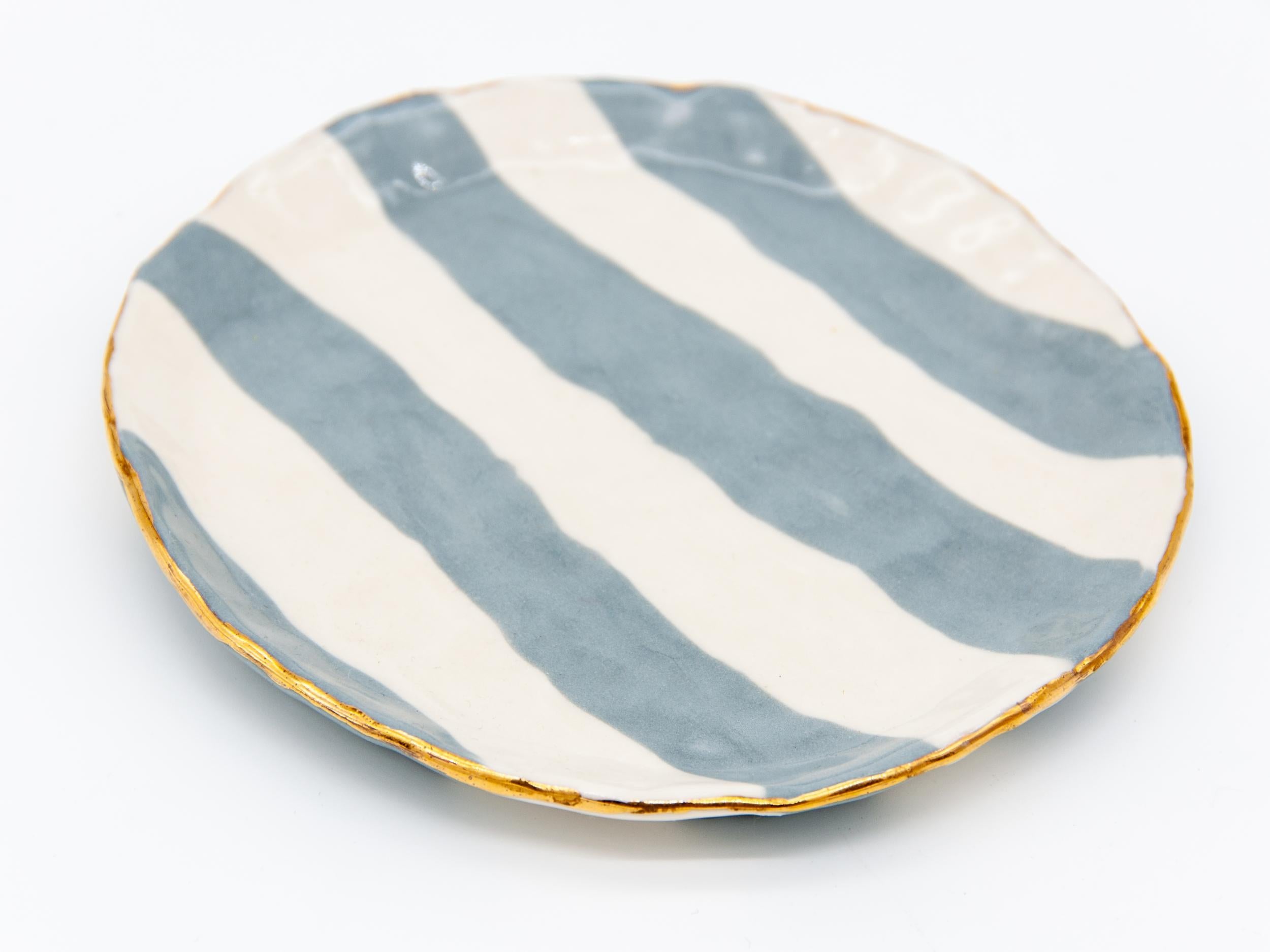 Gray and White Striped Clay Petit Dish with Gilding In Good Condition In South Salem, NY