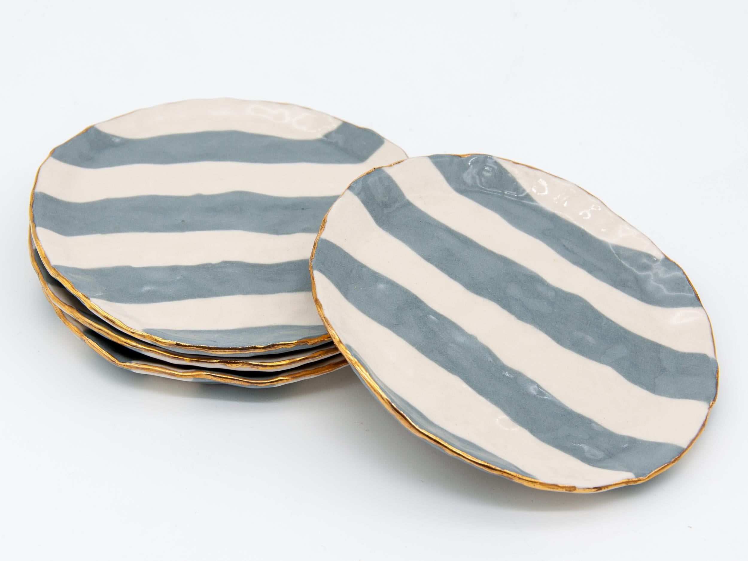 Contemporary Gray and White Striped Clay Petit Dish with Gilding