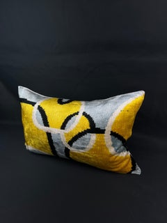 Gray and Yellow Geometric Circle Design Velvet Silk Ikat Pillow Cover