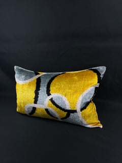 Grey and Yellow Geometric Circle Design Velvet Silk Ikat Pillow Cover