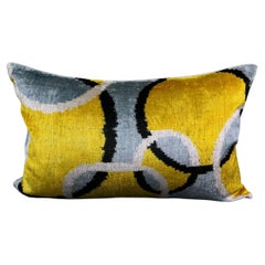 Grey and Yellow Geometric Circle Design Velvet Silk Ikat Pillow Cover