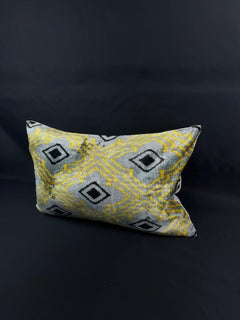 Gray and Yellow Velvet Silk Ikat Pillow Cover