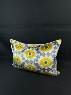 Gray and Yellow Velvet Silk Ikat Pillow Cover