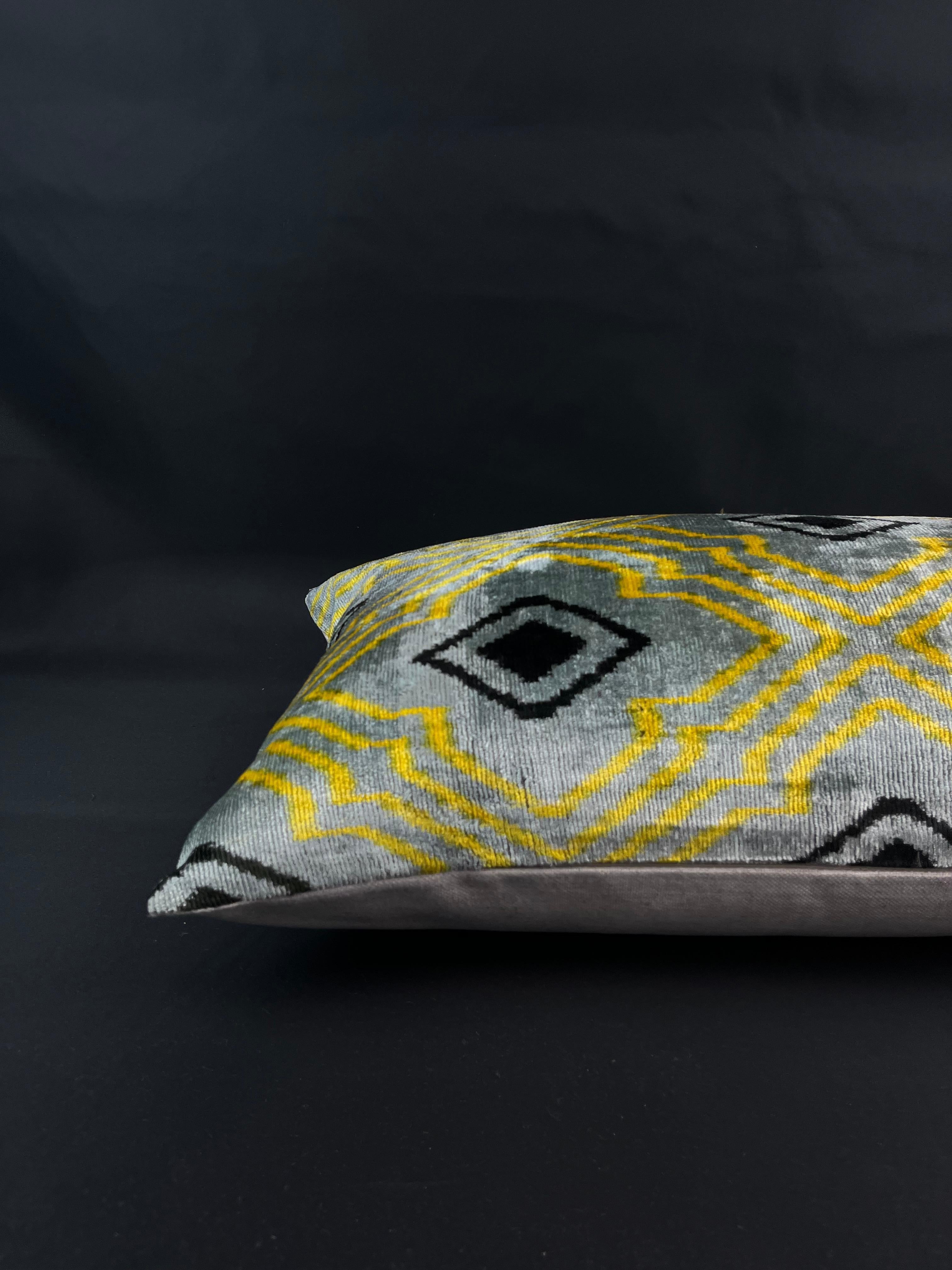 Turkish Gray and Yellow Velvet Silk Ikat Pillow Cover For Sale