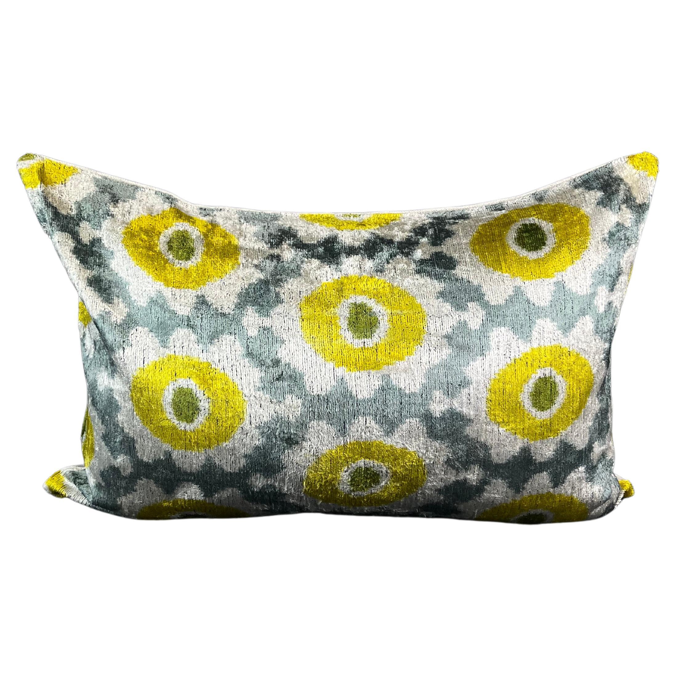 Gray and Yellow Velvet Silk Ikat Pillow Cover For Sale