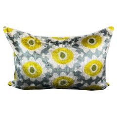 Gray and Yellow Velvet Silk Ikat Pillow Cover