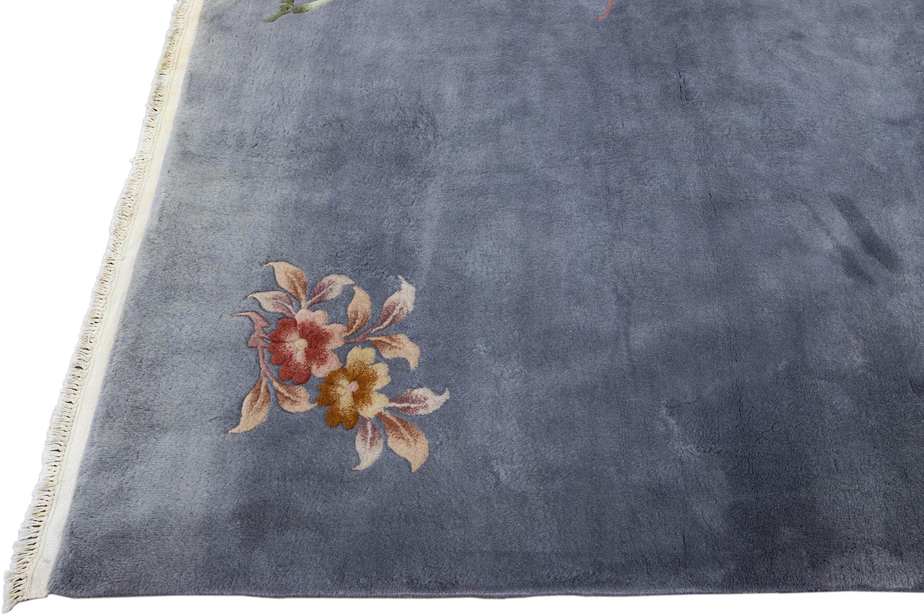 Other Gray Antique Art Deco Chinese Handmade Floral Wool Rug For Sale