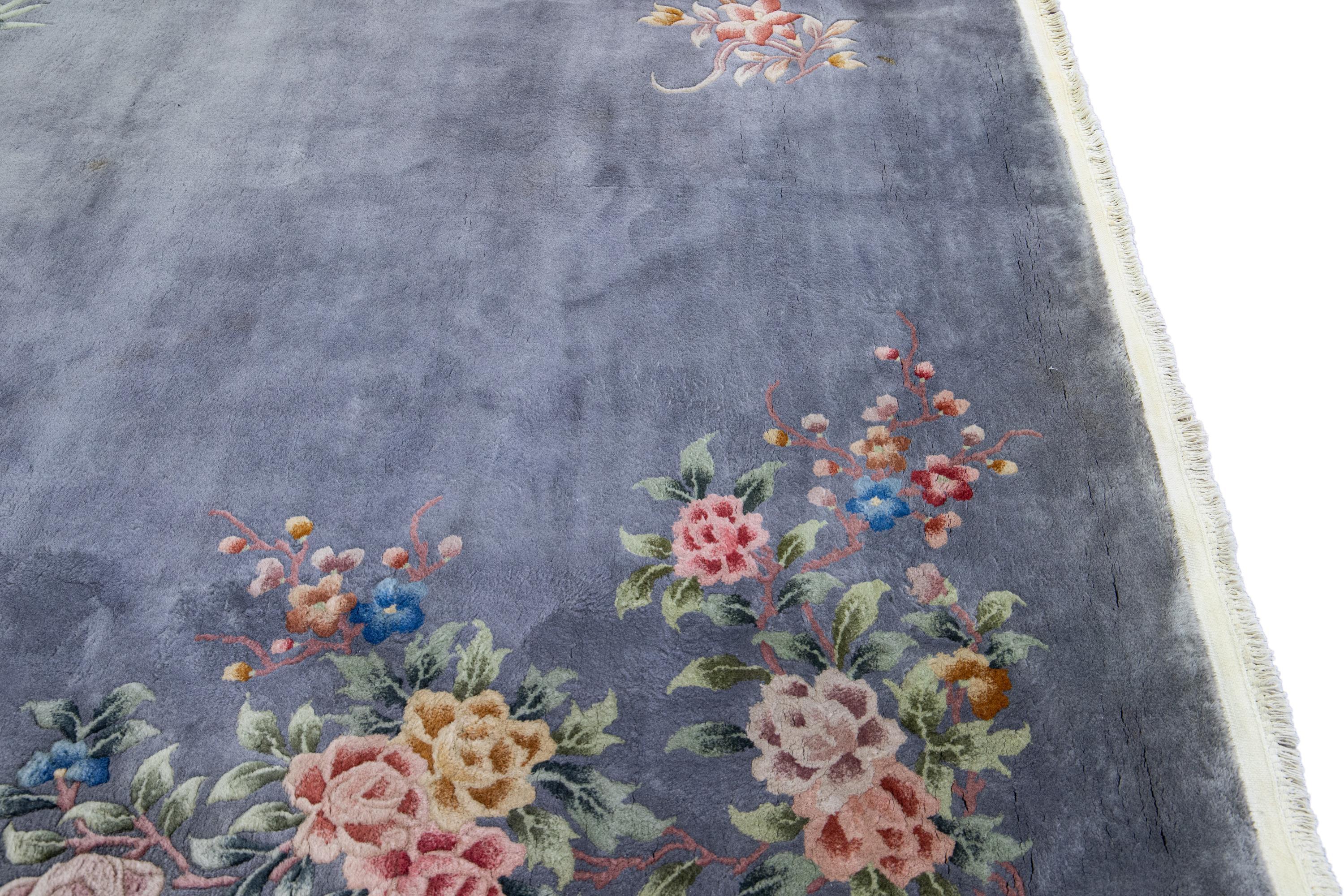 Gray Antique Art Deco Chinese Handmade Floral Wool Rug For Sale 3