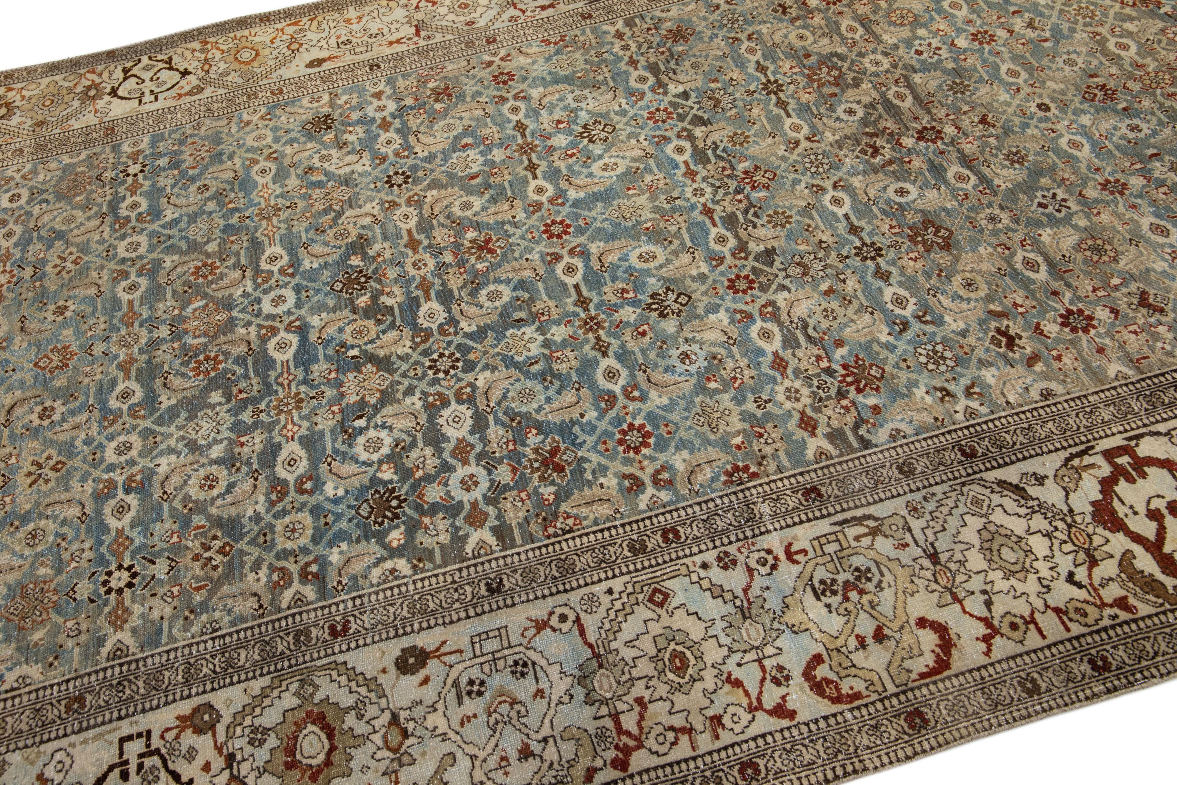 Persian Gray Antique Bidjar Handmade Gallery Wool Rug with Floral Pattern For Sale