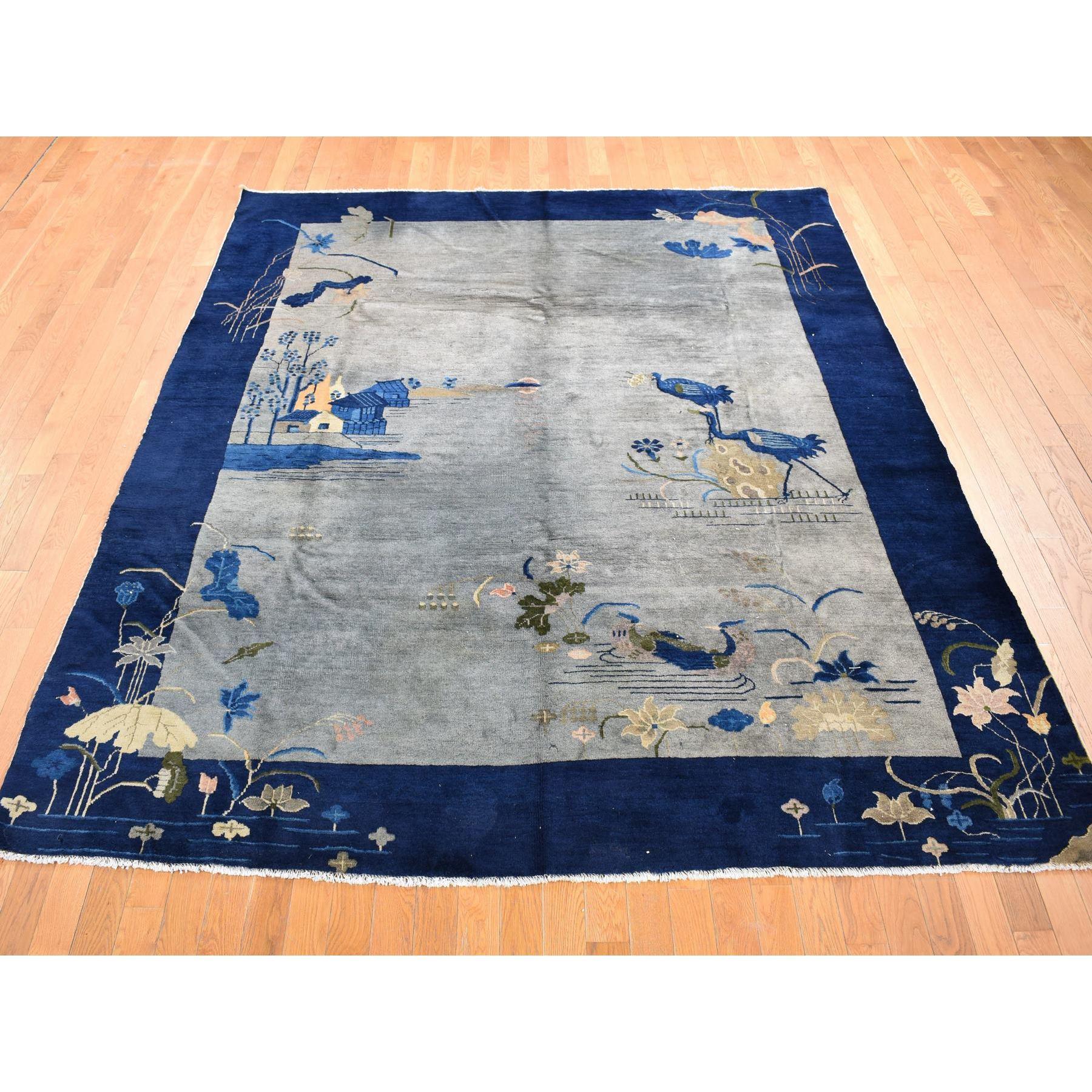 Hand-Knotted Gray Antique Chinese Pecking Pictorial Scenery Hand Knotted Even Wear Wool Rug
