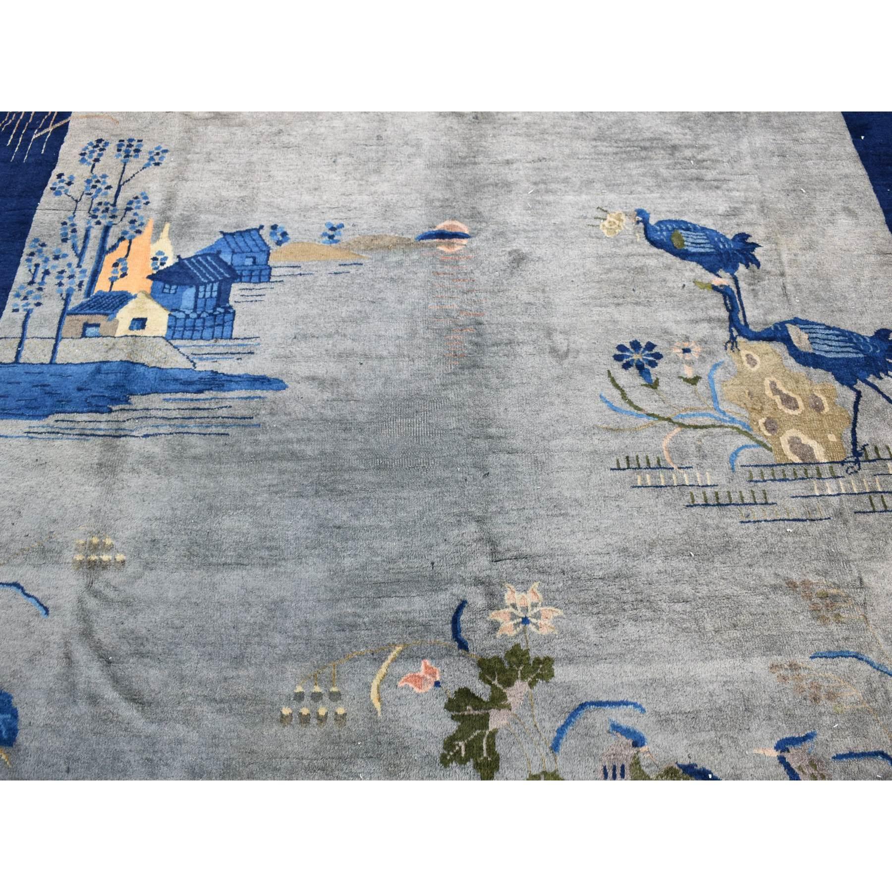 Gray Antique Chinese Pecking Pictorial Scenery Hand Knotted Even Wear Wool Rug 3