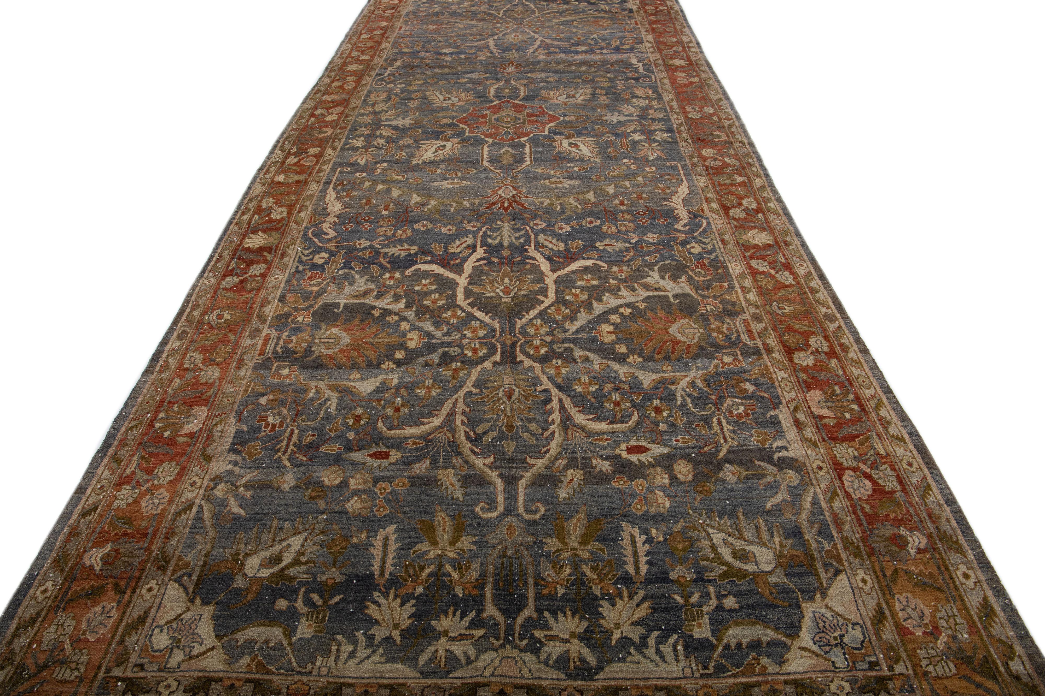 Islamic Grey Antique Persian Hamadan Handmade Gallery Wool Rug For Sale