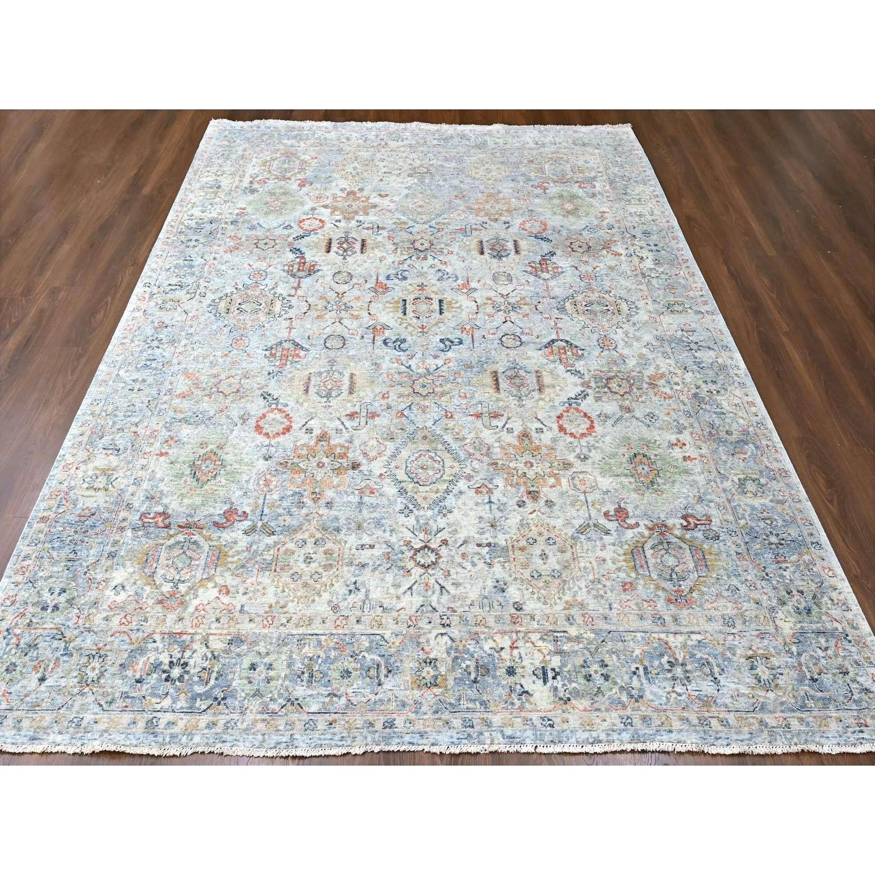 Medium Gray, Antiqued Persian Ziegler Mahal Design, Distressed, Zero Pile, Shaved Low, 100% Wool, Hand Knotted, Oriental Rug
Primary materials: Wool
Latex: No Pile 
height: 0.25 Inches
Style: Traditional
Primary color: Grey
Secondary colors: Orange,