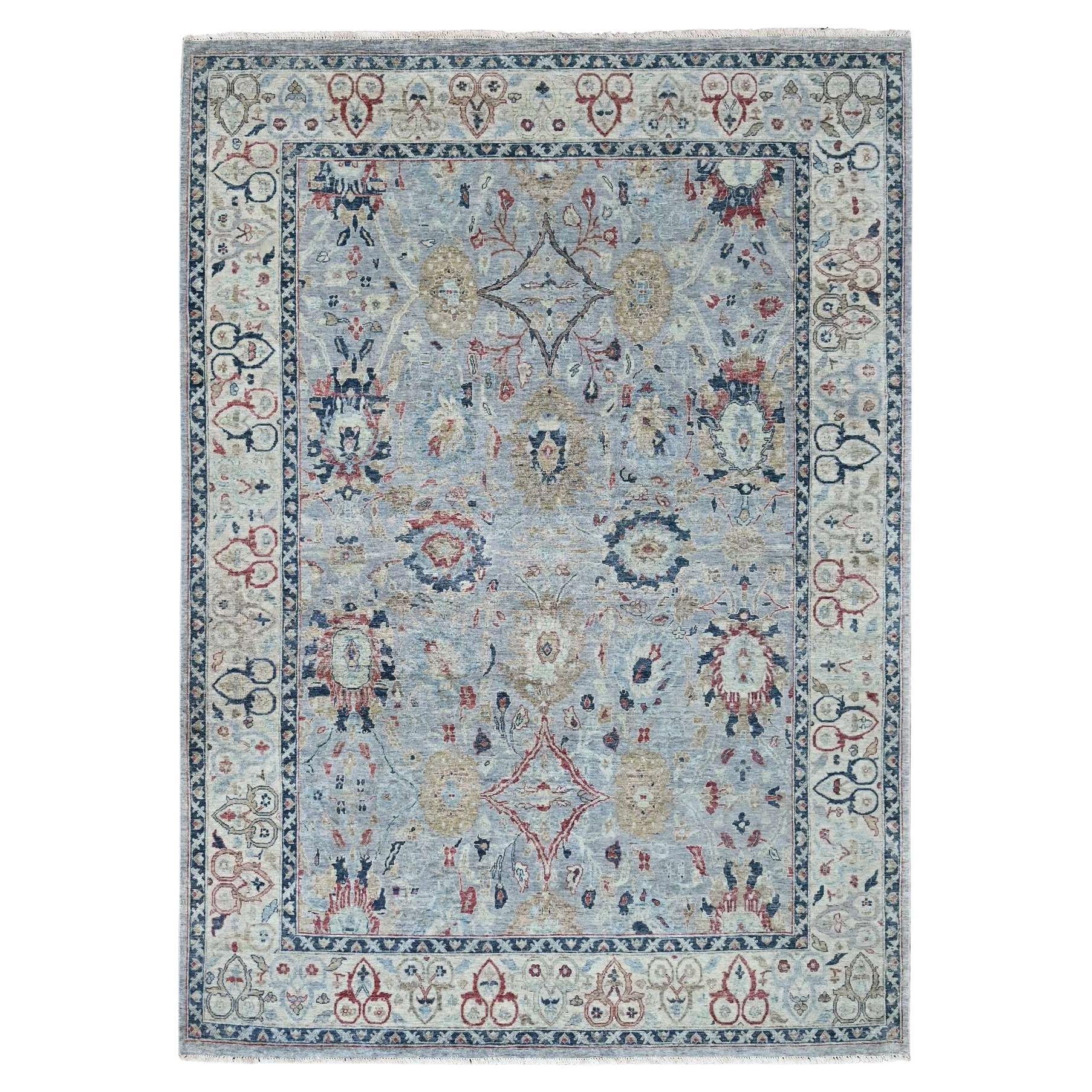 Gray Antiqued Tabriz Design Pure Wool Zero Pile Hand Knotted Rug 8'2" x 11'5"